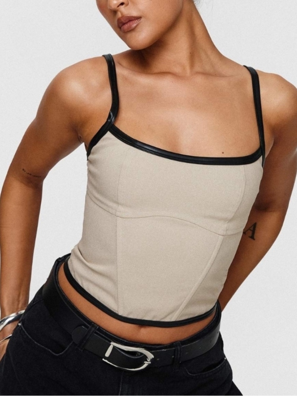 Princess Polly Thalorien Top Beige with Black Trim